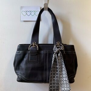 Coach Black Leather Shoulder Bag with Patterned Scarf